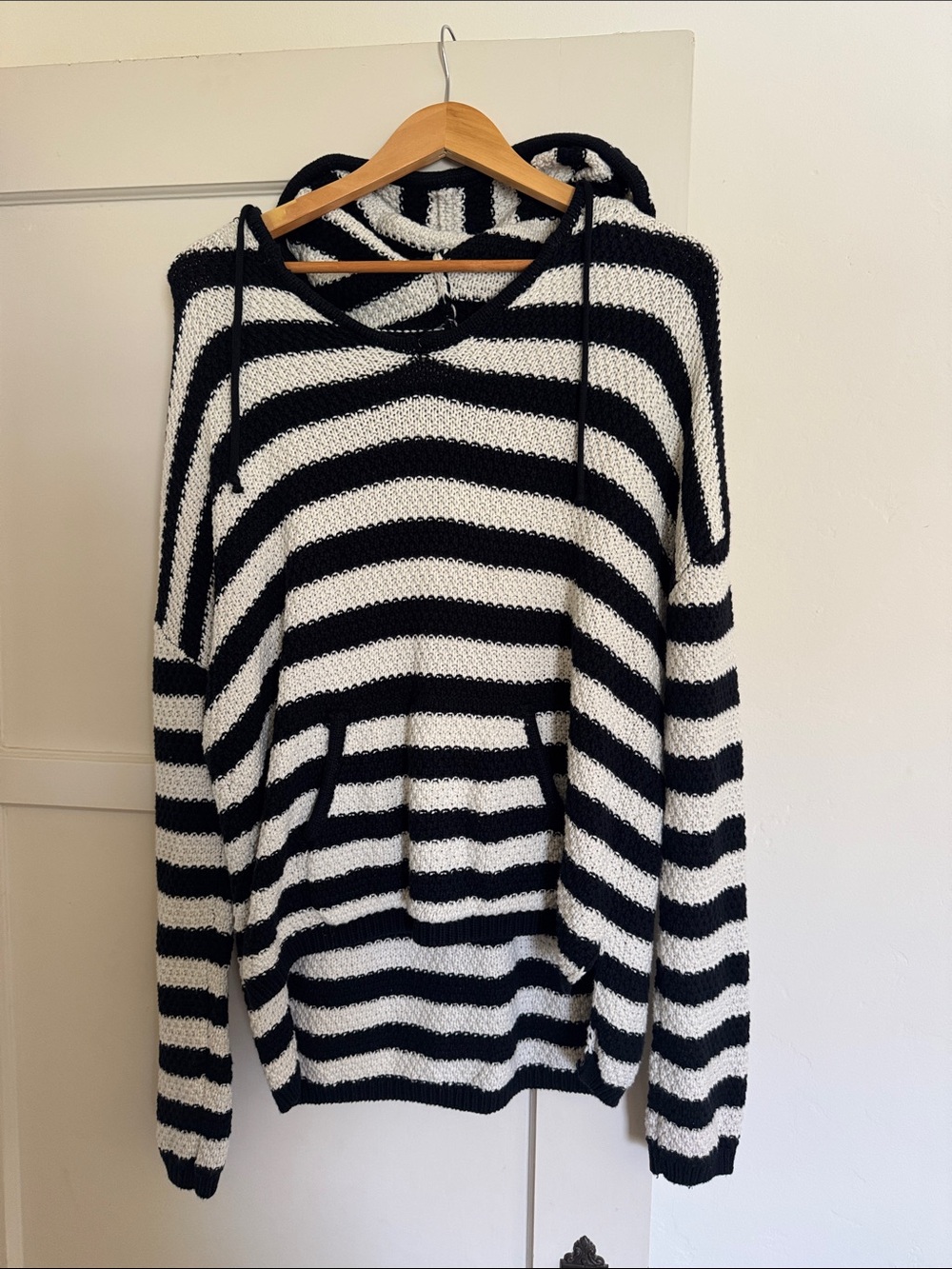 Love Stitch Black & White Striped Hooded Sweater